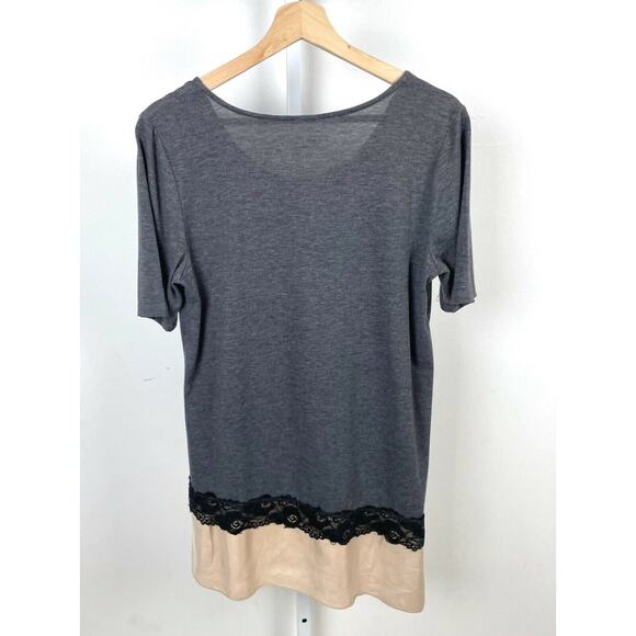 SOFT SURROUNDINGS  S Short Sleeve Knit Top Lace Satin Hem Mixed Media Shirt Gray - Picture 3 of 7
